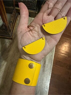 Yellow Half-Moon Hoop Earrings and Matching Cuff Bracelet Set